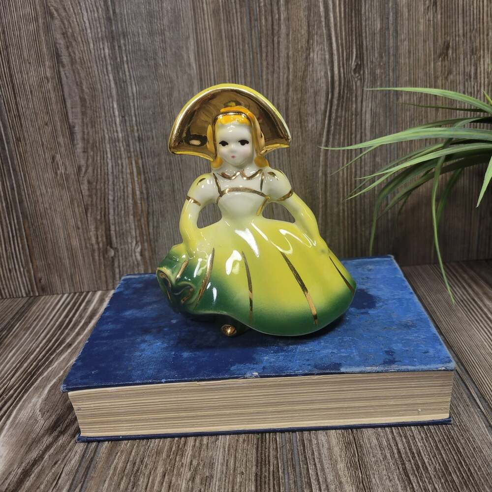 Vintage Shawnee Pottery Southern Belle Lady Planter Green Yellow Figurine